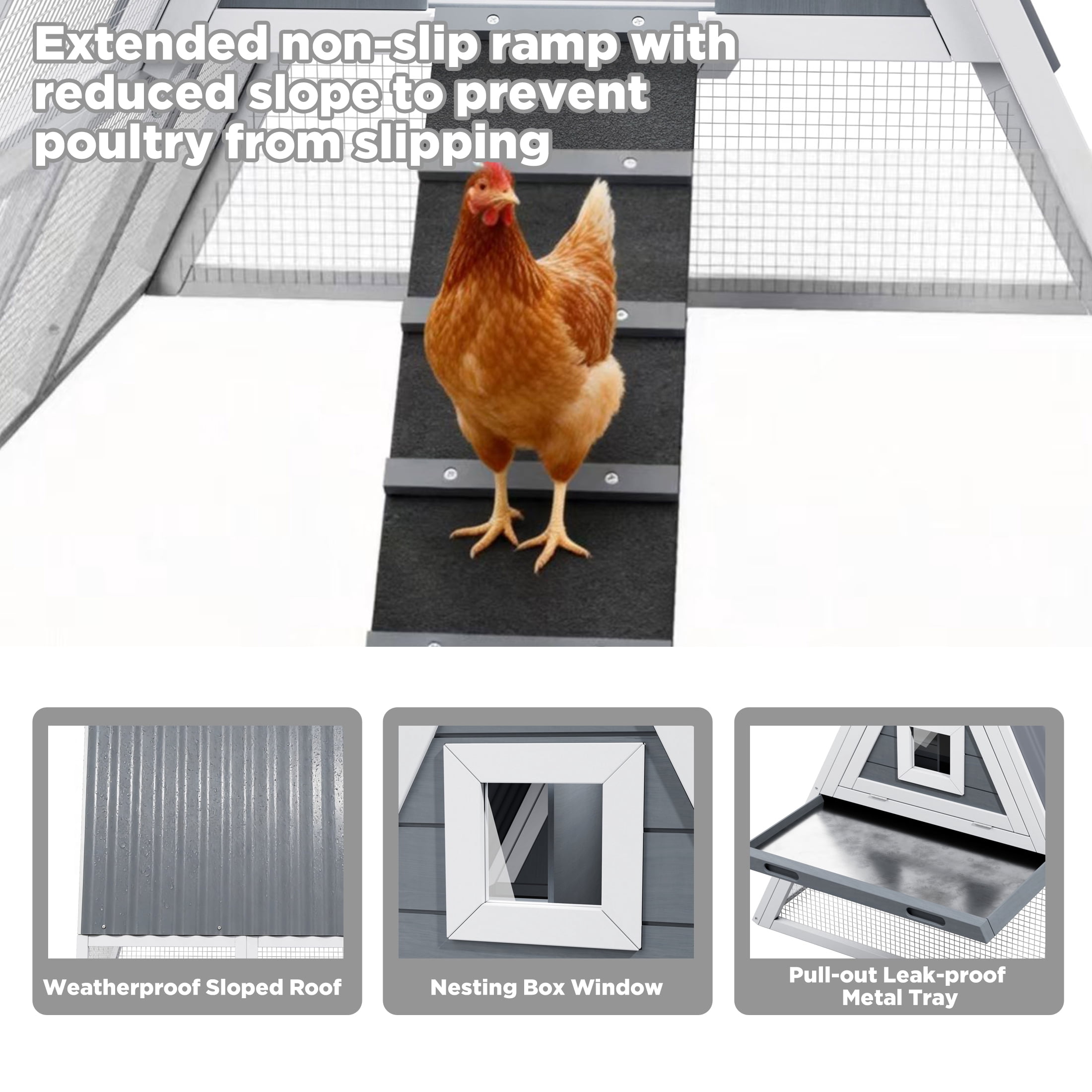 Large Weatherproof Triangular Chicken Coop with Nesting Box & Tray, Spacious Run, White and Gray