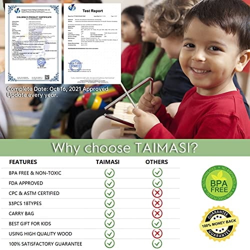 Instrumentos musicales para niños Taimasi 33 piezas 18 tipos de instrumentos de percusión de madera