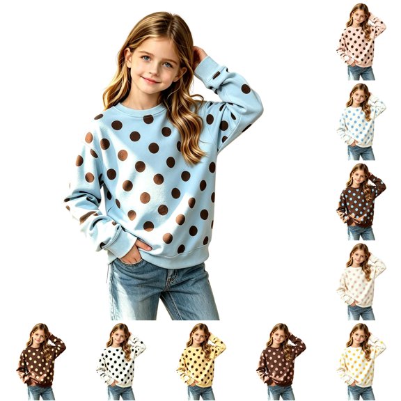 TBWNWG Classic Polka Print Girls Hoodies And Sweatshirts Contrast Color Crewneck Pullover for Big Kids Casual Wear,Size 6-7 Years