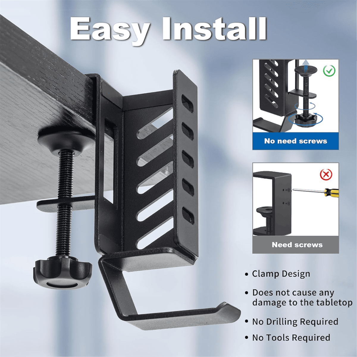 Desk Side Vertical Laptop Stand,No Drill Laptop Desktop Mount,Hanging Laptop Holder for Desk Side,Clamp on Desk Black