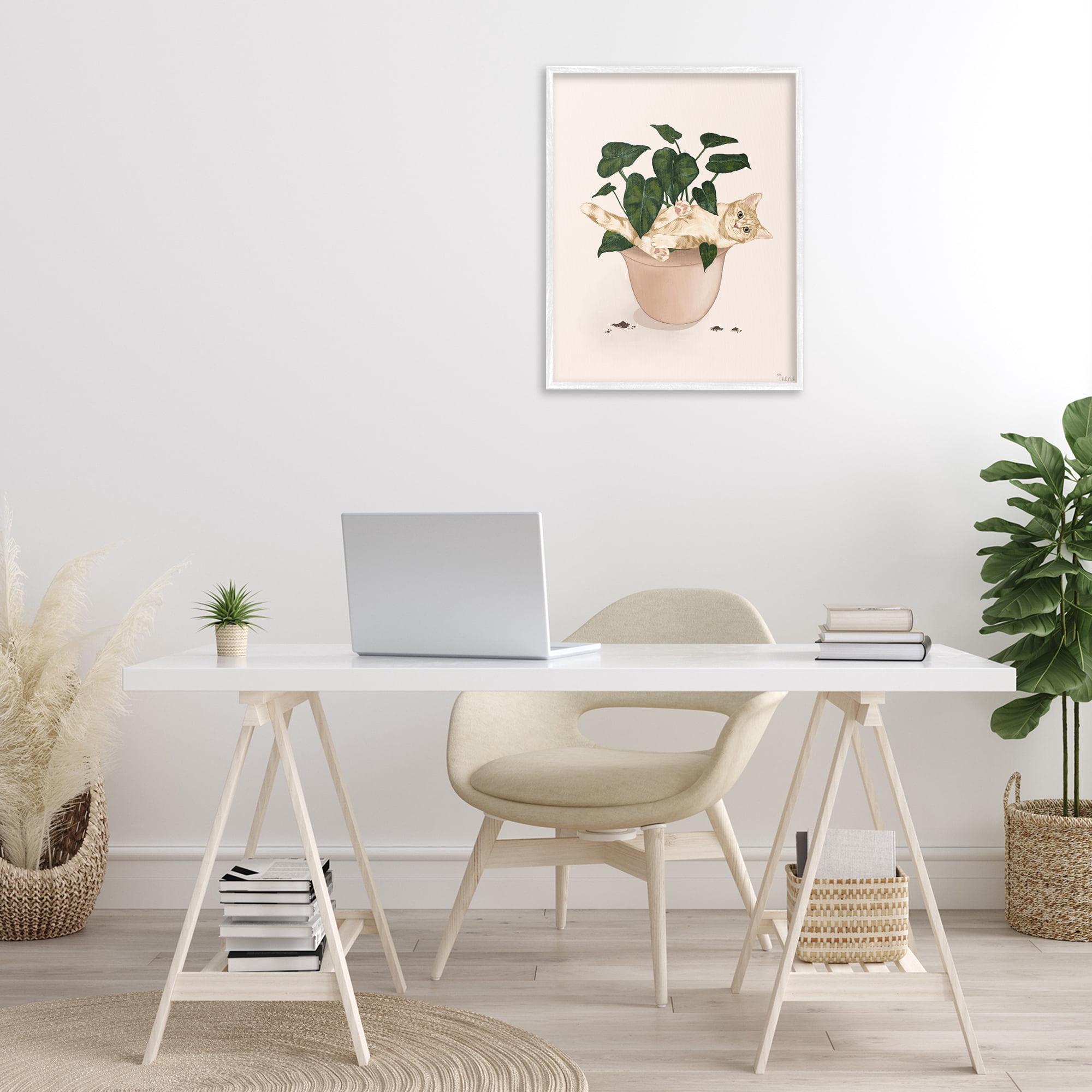 Stupell Industries Funny Cat in House Plant Animals & Insects Painting White Framed Art Print Wall Art, 24 x 30
