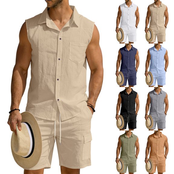 Mens Linen Sets 2 Piece Outfits Sleeveless Shirt And Shorts Set Vacation Outfit for Men Summer Beach Suits Button Down Tank Tops And Short Set Gym Tracksuits Black L