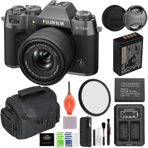 Fujifilm X-T50 Mirrorless Camera with 15-45mm Lens (Charcoal) Bundle with 52MM Protection Filter, Extra Battery, Charger and Advanced Accessories | Fuji xt50