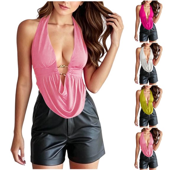 Noric Women's Backless Tank Topss Deep V Neck Halter Ruched Sleeveless Tops Trendy Spring Summer Casual Blouse
