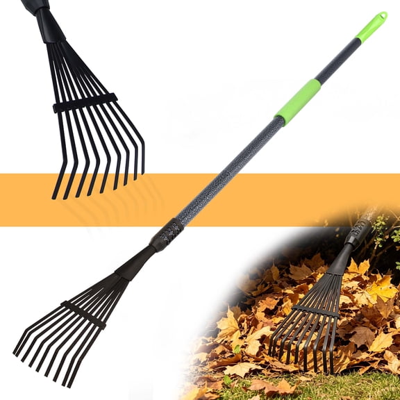 YARTTING Rake for Leaves, Small Garden Rake with Adjustable Long Handle, 9 Tines Metal Leaf Rakes for Lawns Yard Flower Bed Shrub Outdoor Camping