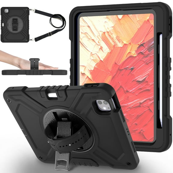 Dteck Case for iPad Pro 11 inch 2024,Heavy Duty Silicone Case 3-Layer Protection Shockproof Kickstand Cover with Pencil Holder/Hand Strap/Shoulder Strap for iPad Pro 11-in. (M4) 2024,Black