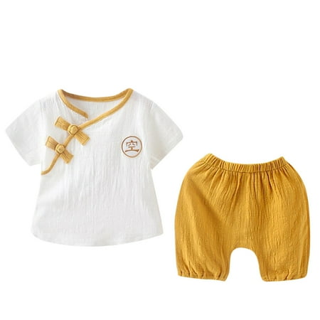 

GWAABD Cute Clothes for Girls Yellow Toddler Kids Baby Girls Cotton Linen Button Tops +Solid Shorts Pants Outfits 100