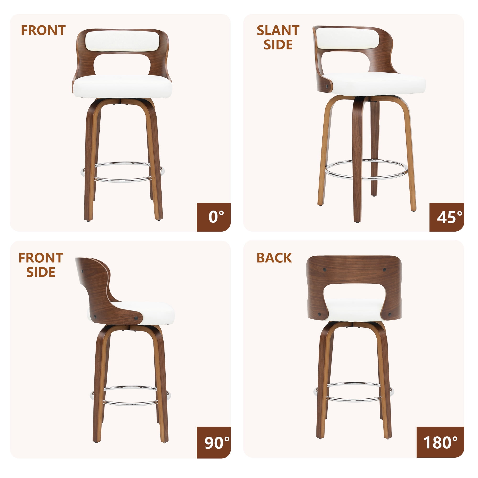 ClinQ 26 inch Swivel Bar Stools Set of 3, Counter Height Bar Chairs with Walnut Legs and Silver Ring Footrest, Upholstered Faux Leather, White