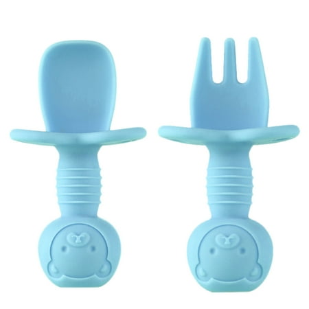 

TOYMYTOY 2pcs Baby Self Feeding Training Spoon and Fork Toddler Silicone Tableware