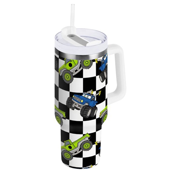 Ryvnso 40 oz Tumbler with Handle and Straw Cartoon Vehicle Car Checkered Insulated Stainless Steel Travel Mug with Lid