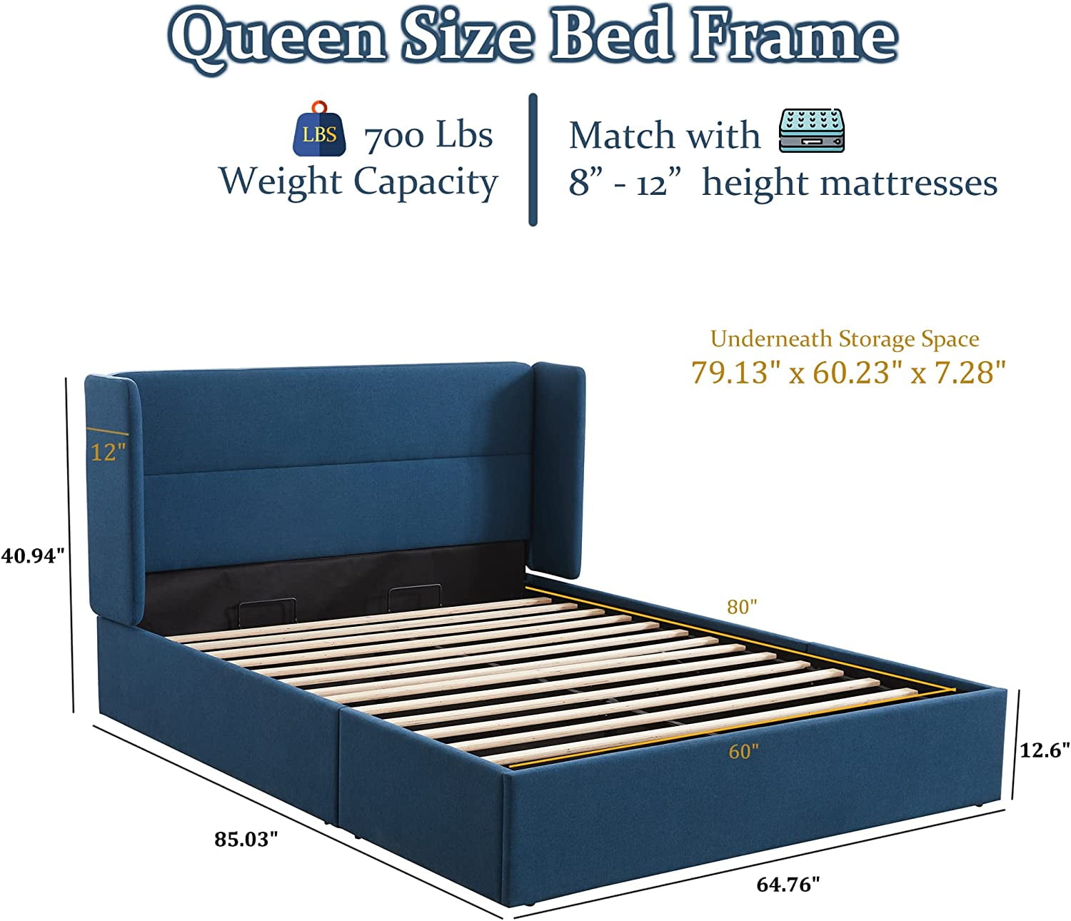 Relax & Rejuvenate Full Size Lift up Storage Bed, Upholstered Platform Bed Frame with Modern Linen Fabric Wingback Headboard, Wood Slats Support, Noiseless, Easy Assembly, No Box Spring Needed, Blue
