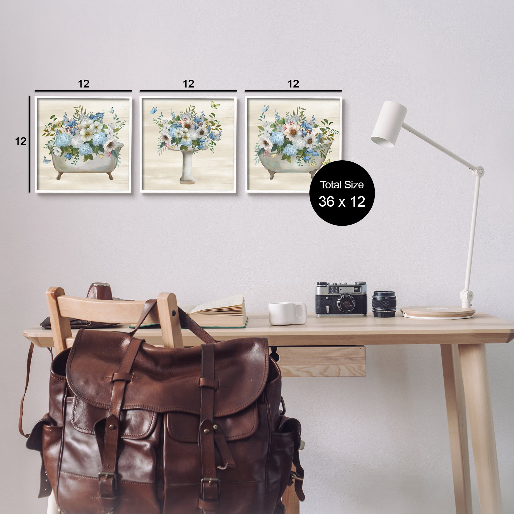 Stupell Industries Country Flower Bathroom Botanical & Floral Painting White Framed Art Print Wall Art, 12 x 12, Set of 3