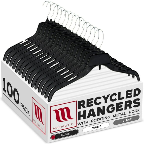 Mainetti 484 Recycled Black Plastic Hangers - 200 Pack with Rotating Metal Hook and Notches for Straps, Great for Shirts/Tops/Dresses, 17-Inch