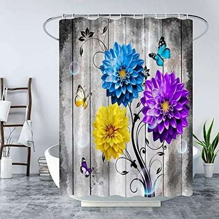 

Rustic Dahlia Floral Shower Curtain Blue Purple Yellow Flower Butterfly Bubble Vintage Shabby Grey Wooden Board Barn Plank Spring Country Farmhouse Decor Fabric Bathroom Curtain with Hook
