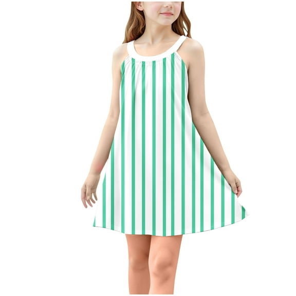 Moocorvic Toddler Girls Dresses Summer Spaghetti Strap Striped Print Linen Casual Swing Sundress 7-8 Years,Green