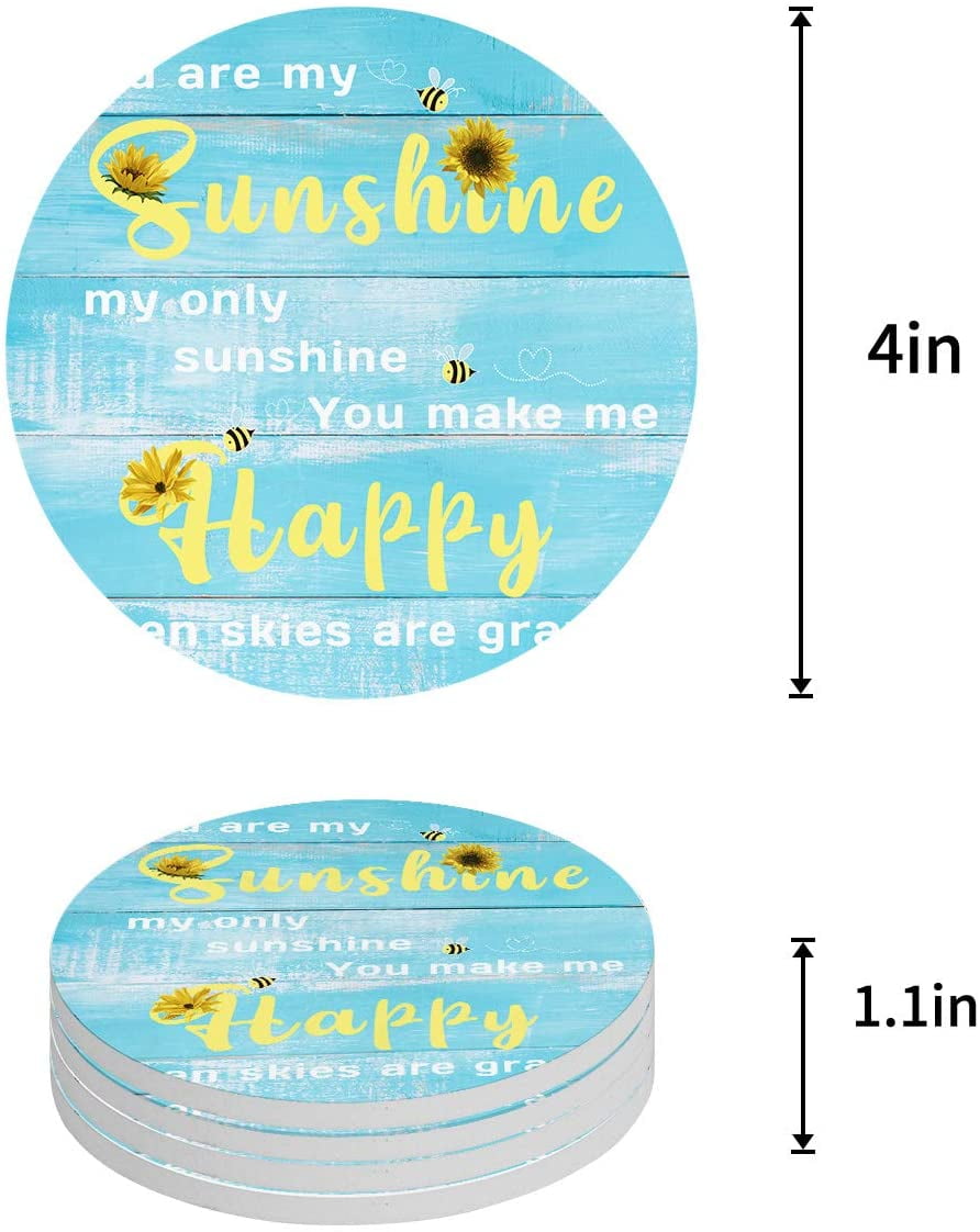 Sunshine Makes Me Happy Ceramic Car Coasters - Pack Of 2, 2.75" Diameter, Fits Cup Holders