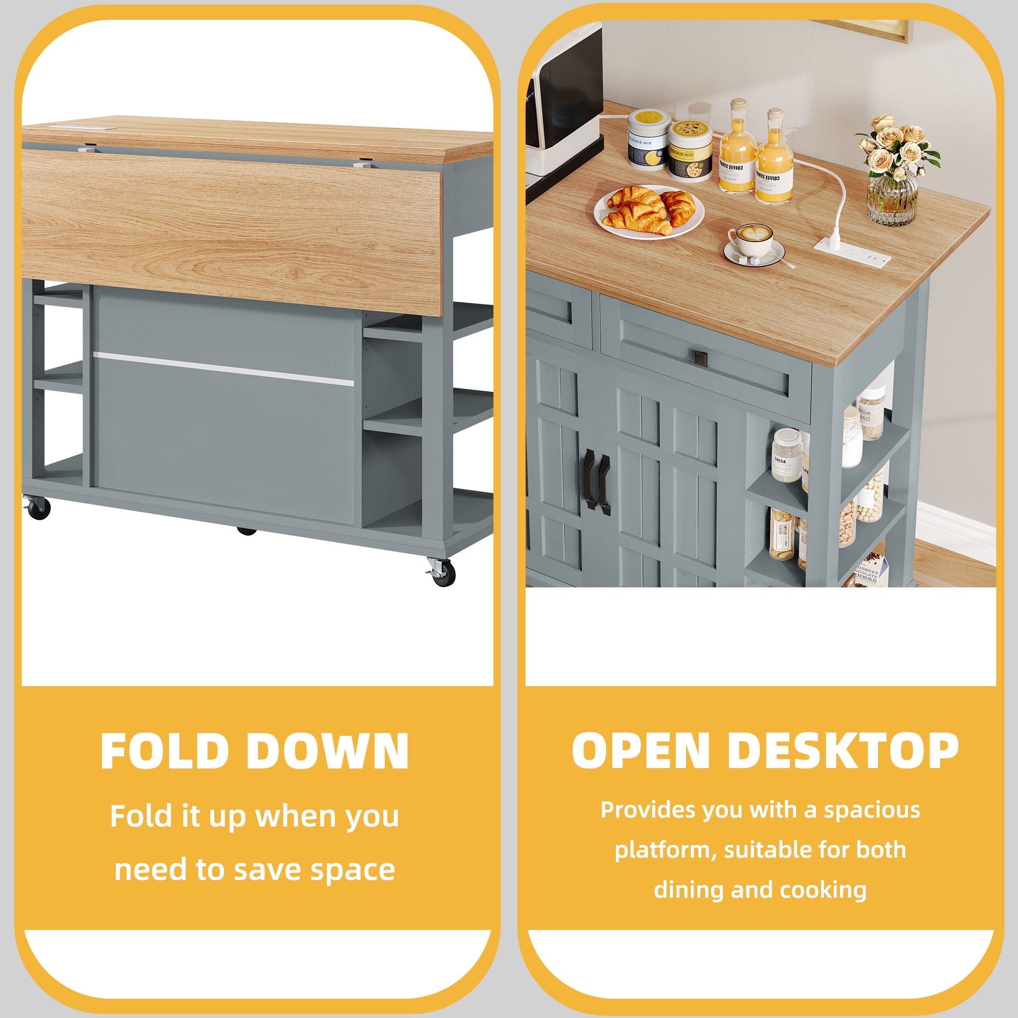 DWVO Kitchen Storage Cart with Power Outlets, Rolling Kitchen Island with Storage Shelves and Drawers, Blue Gray