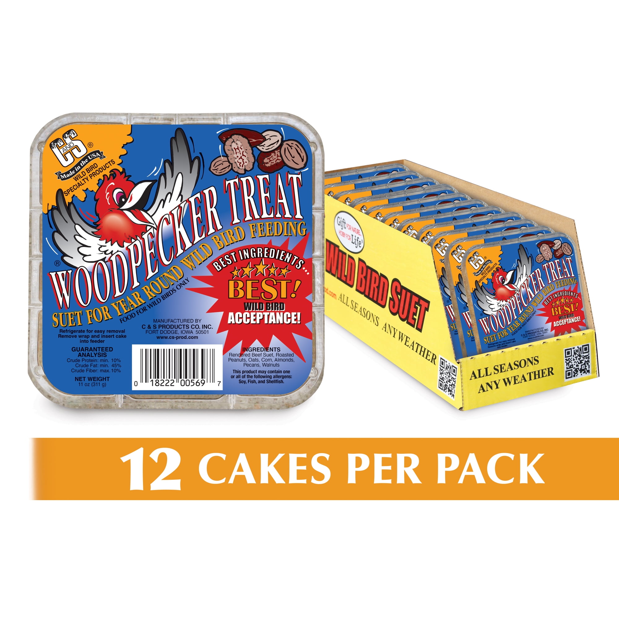 C&S Woodpecker Suet Treat, 11 oz Cake, Wild Bird Suet, 12 Pack