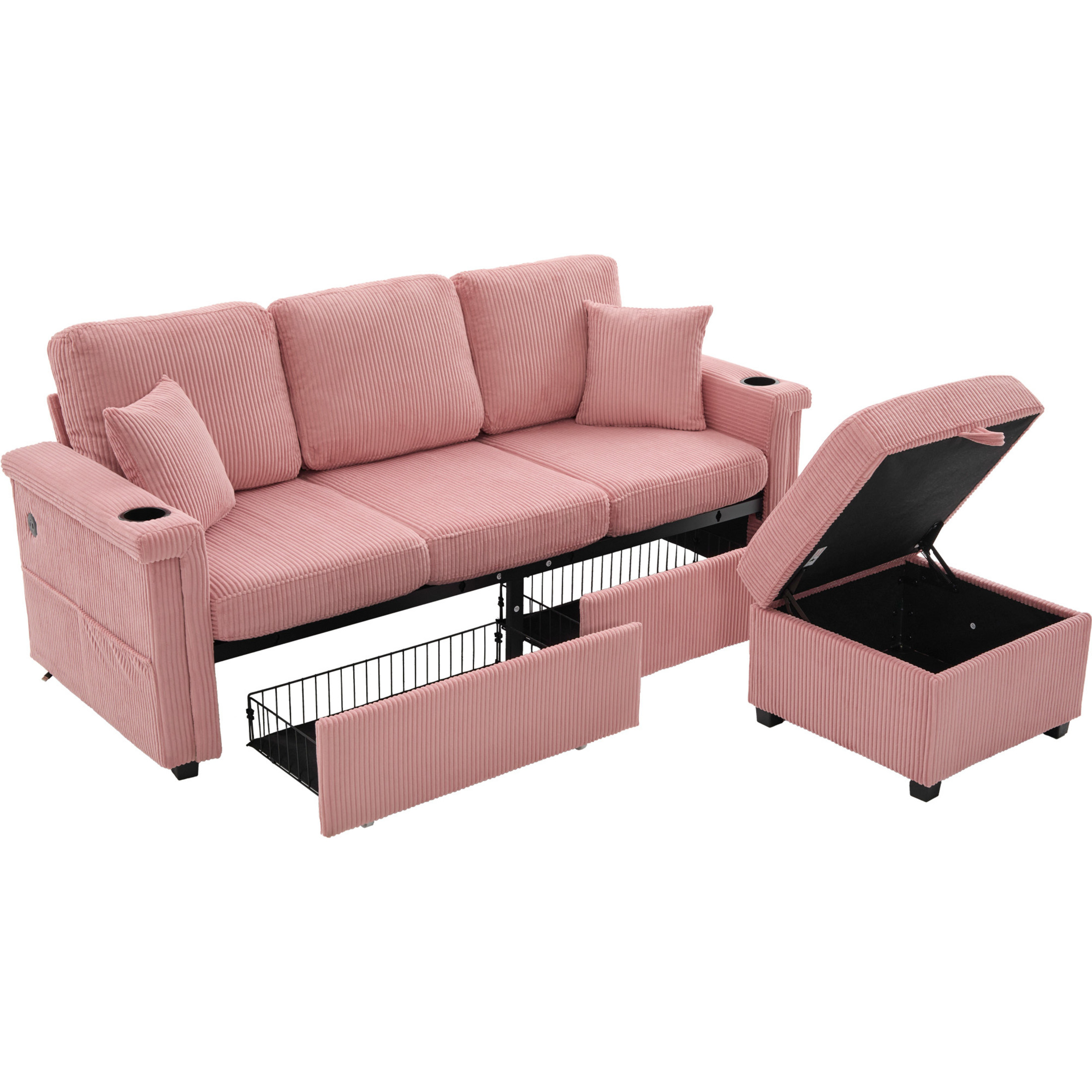 Noble House Elena 4-Seater L-Shaped Corduroy Sectional Sofa with Pull-Out Storage, Ottoman for Living Room, Pink