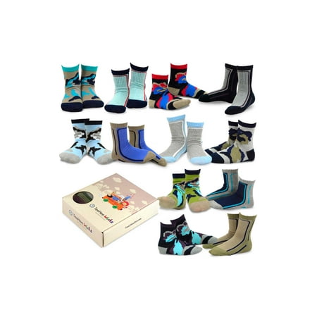 TeeHee Kids Boys Cotton Fun Crew Socks 12 Pair Pack (3-5 Years, Bold Lined Sport & Camo)