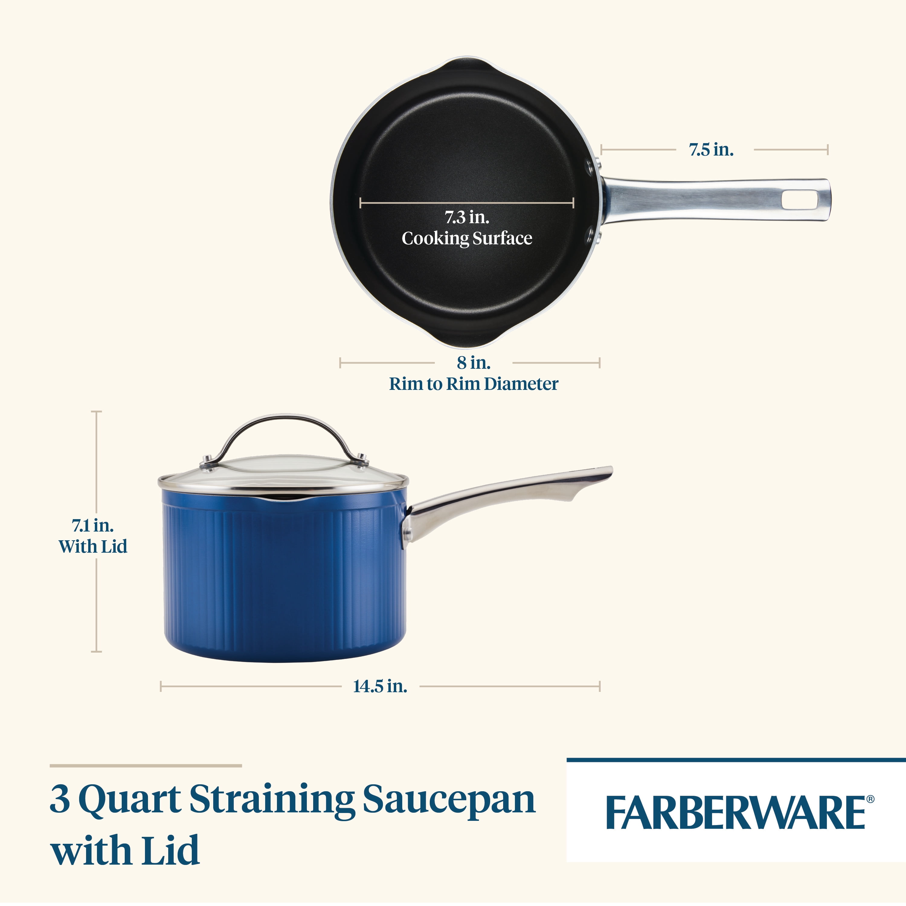 Farberware Style 3 Quart Nonstick Straining Saucepan with Tempered Glass Lid, Dishwasher Safe, Oven Safe to 500°F