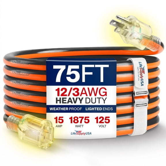 75ft Outdoor/Indoor Extension Cord 12/3 Gauge Extra Heavy Duty 3 Prong SJTW, Waterproof, Flexible Cold-Resistant Long Power Cord,15A 125V 1875W, Orange and Black by LifeSupplyUSA