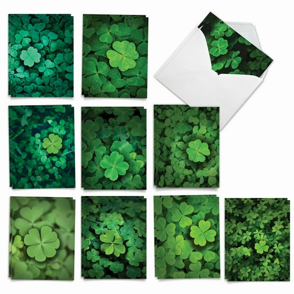 The Best Card Company 20 Assorted St. Patrick's Day Note Cards Boxed Set 4 x 5.12 Inch with Envelopes (10 Designs, 2 Each) Lucky Clovers AM9079SPG-B2x10