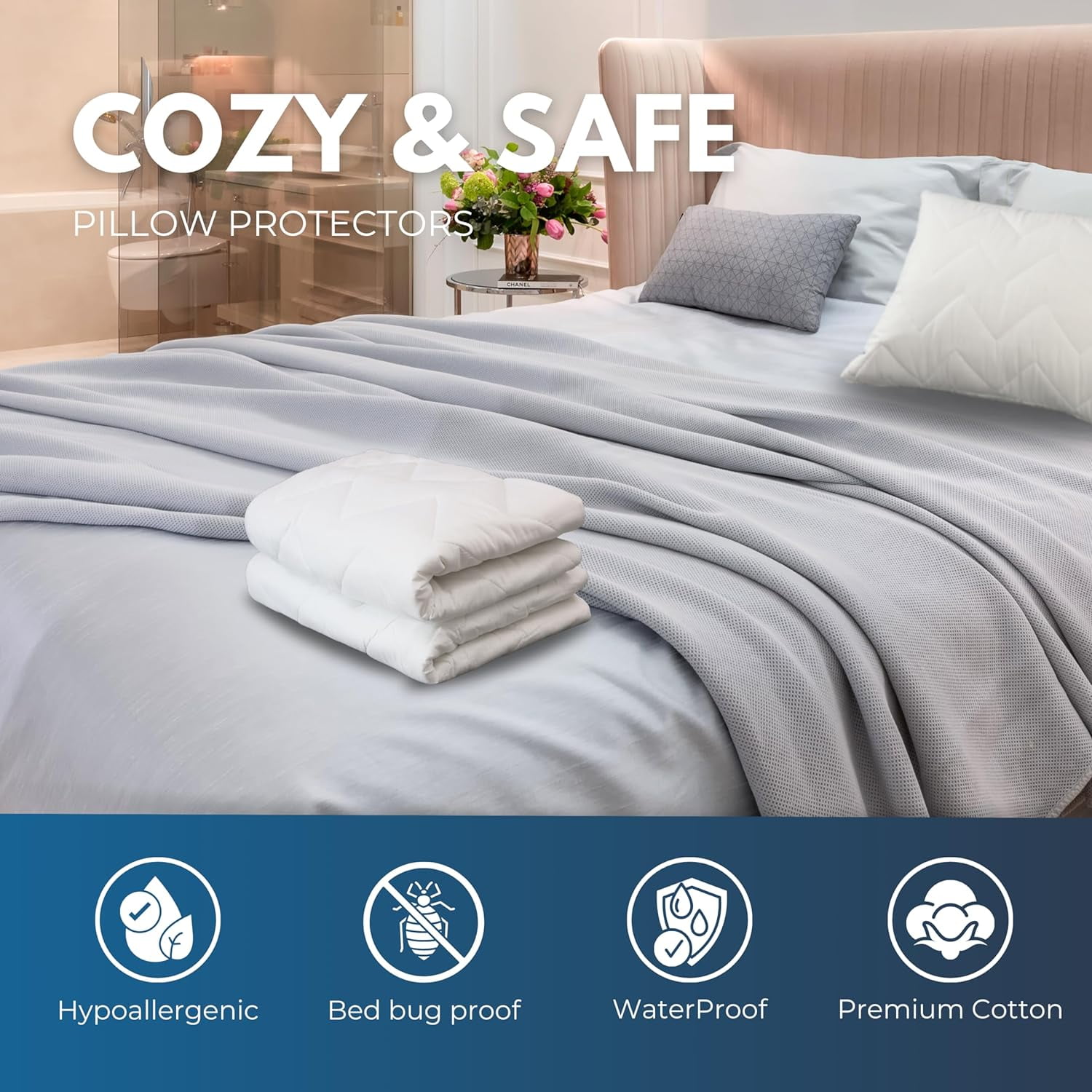 Waterguard Waterproof Pillow Protectors - Zippered Bug Proof, Quilted Thick Pillow Covers - 100% Cotton Shell Pillow Encasement - King Size (20x36) Set of 2