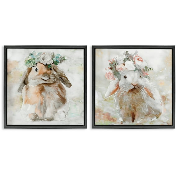 Stupell Industries Soft Spring Floral Bunnies Animals Painting Black Floater Framed Canvas Art Print Wall Art, 18 x 18, Set of 2
