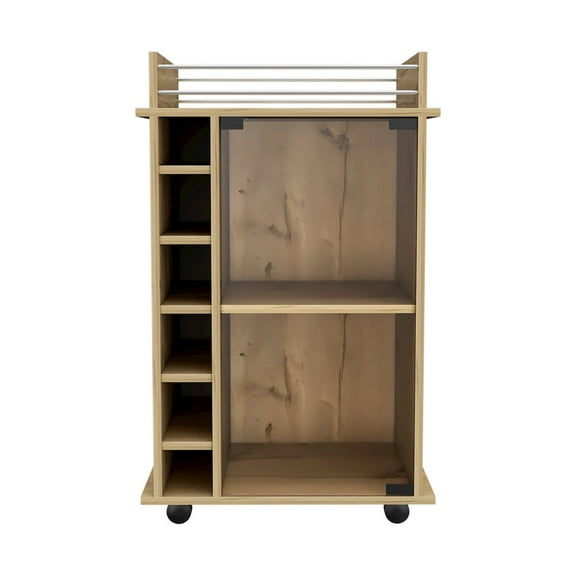 HomeRoots Oak Rolling Bar Cart With Wine Storage
