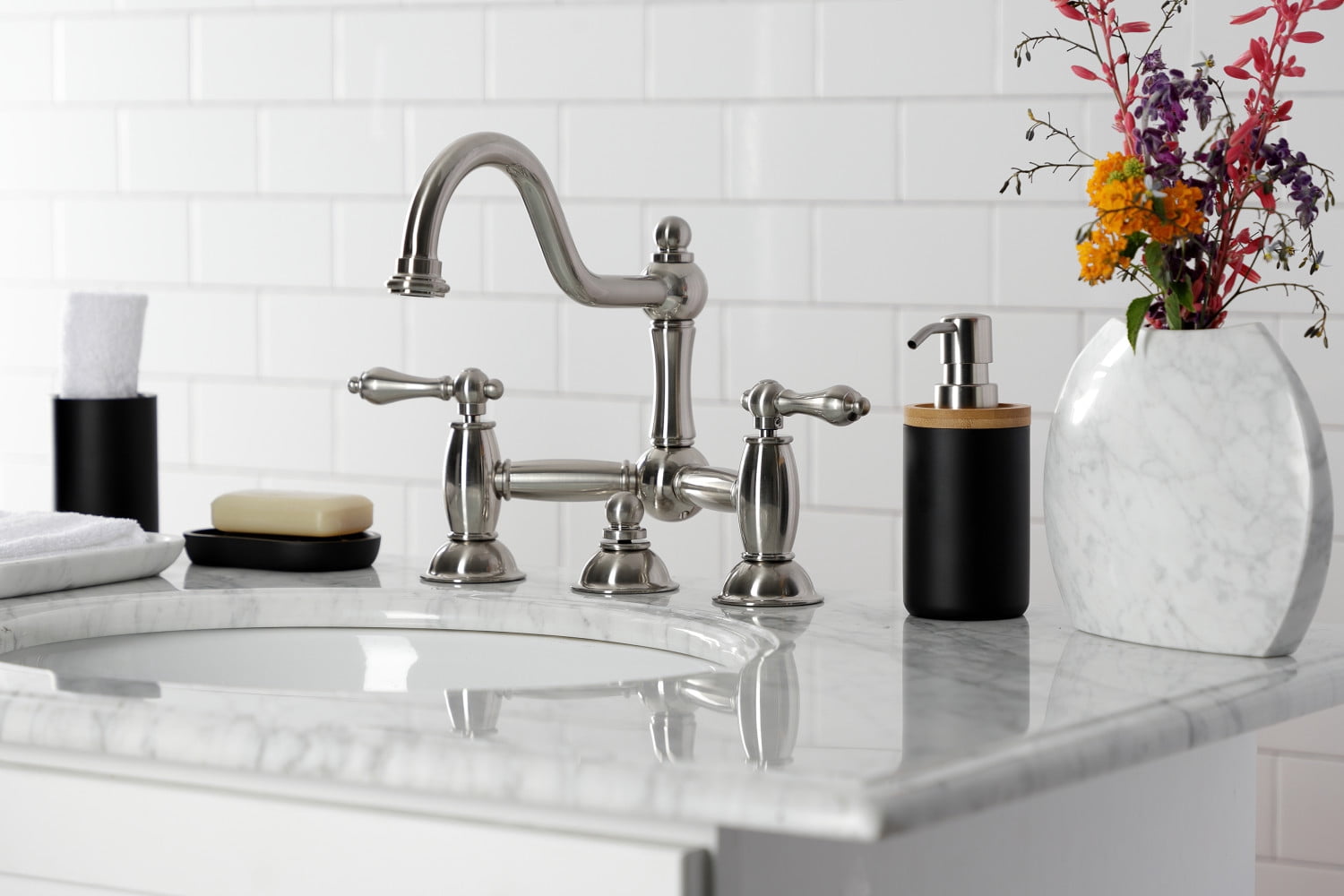 Kingston Brass KS3918AL Restoration Standard Mount Bathroom Bridge Faucet, Brushed Nickel