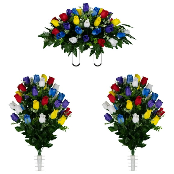 Sympathy Silks Artificial Cemetery Flowers Multi-Color Rose Buds Two Bouquets & Saddle