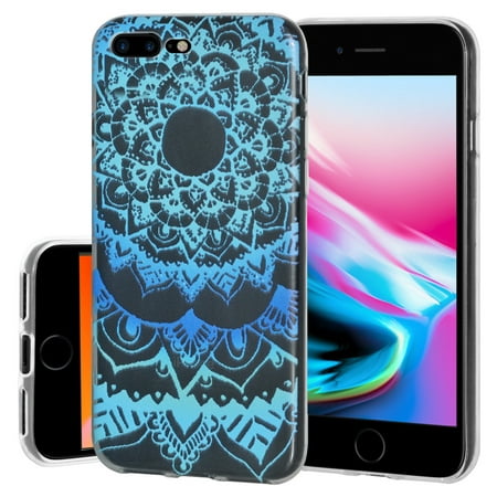 iPhone 8 Plus Case Screen Protector Charger Cable Combo, Premium Clear TPU Graphic Designer Case 9H HD Tempered Glass Apple Mfi Certified Lightening Cable for iPhone 8 Plus - Mandala