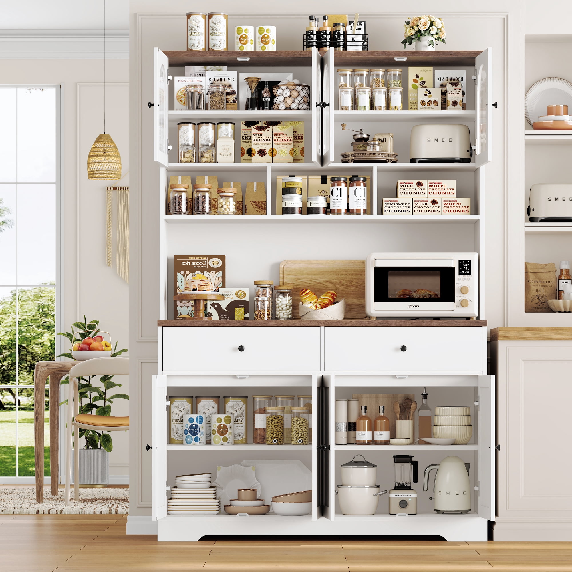 Hiphuta 71" Tall Kitchen Pantry Storage Cabinet with Glass Doors and Microwave Stand, Modern Buffet with Hutch and Charging Outlets, Coffee Bar Cabinet for Kitchen Dining Room, White