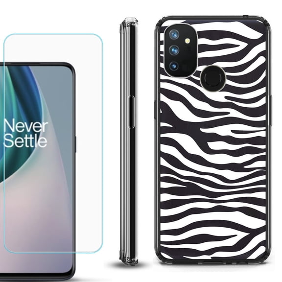 Shockproof Bumper Phone Case for OnePlus Nord N100, with Tempered Glass Screen Protector, by OneToughShield ® - Zebra B/W