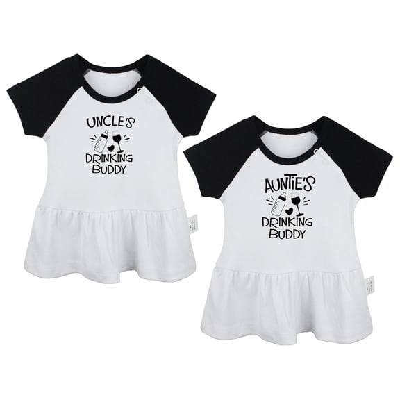 Pack of 2, Uncle's Drinking Buddy & Auntie's Drinking Buddy Funny Dresses For Baby, Newborn Babies Skirts, Infant Princess Dress, Toddler Frocks (Black Raglan Dresses, 12-18 Months)