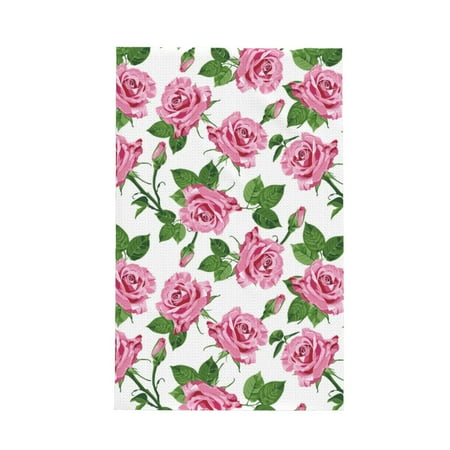 

Absorbent Kitchen Towels Green Pink Rose Flowers Quick Drying Dish Towels for Kitchen Drying Soft Hand Towels with Lanyard for Kitchen Decor