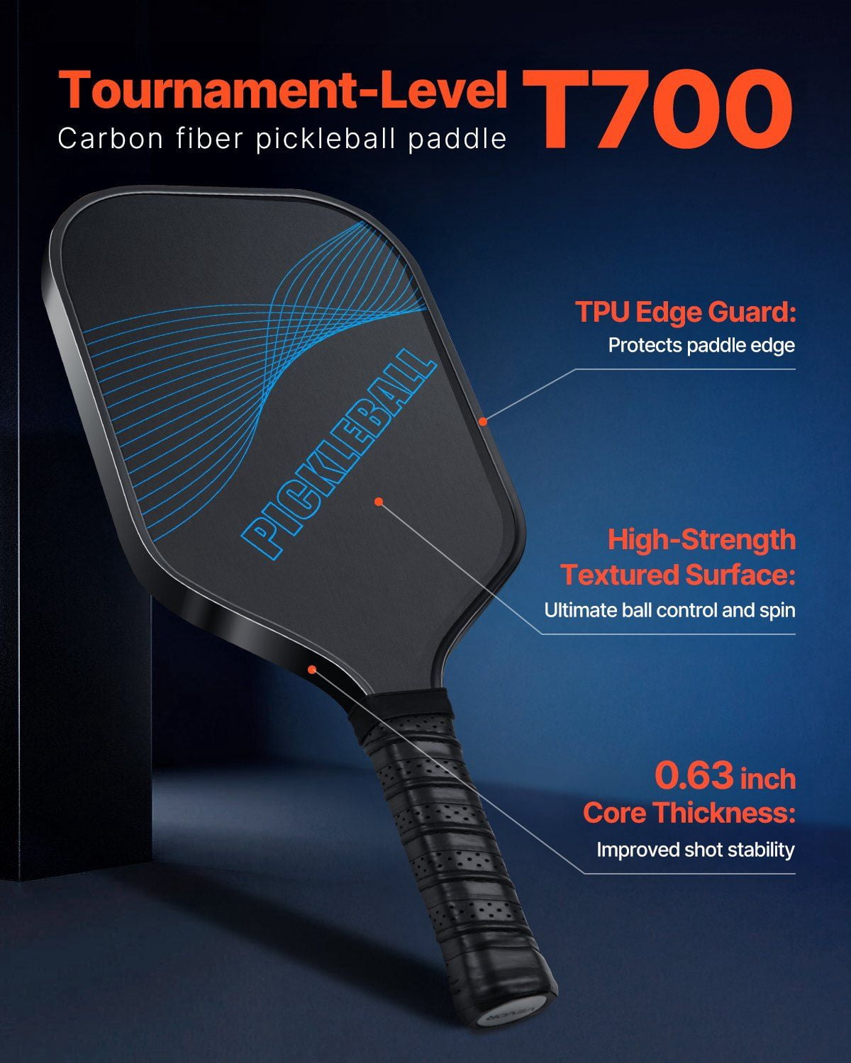 Pro Carbon Fiber Pickleball Paddle with T700 Surface, 16mm Honeycomb Core, Cushioned Non-Slip Grip, Wide Body Shape, and Lightweight Design for Indoor and Outdoor Competitive Play