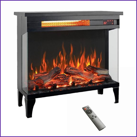 24 Inch Modern Electric Fireplace with Three-Sided Glass, Freestanding | Tempered Glass Sheet Metal | Vent Free
