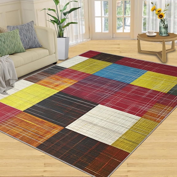 Colorful Area Rug, Geometric Washable Rugs, Modern Checkered Rugs for Living Room Bedroom Decor, Low Pile Non Slip Indoor Carpet-3' x 5'