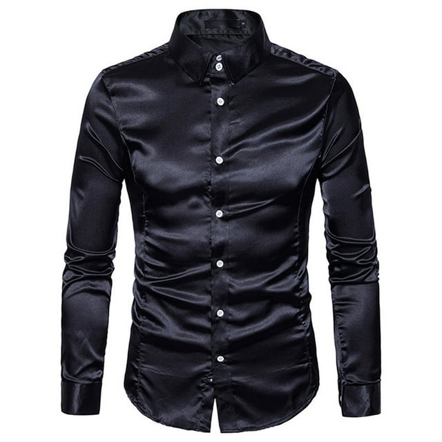 Xingzhi Chemise Homme Manches Longues Formelle avec Col Rabattu - Bonne Coupe pour Corps Normal Lavable en Machine Chemise de Mariage Homme Satin Noir 2TG