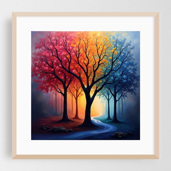 Mystical Forest of Four Seasons: A Vibrant Journey Through Time and Color - Illustration Surrealism Autumn Forest Mystical Nature Psychedelic Oak Framed Wall Art Print 10 x 10 inches