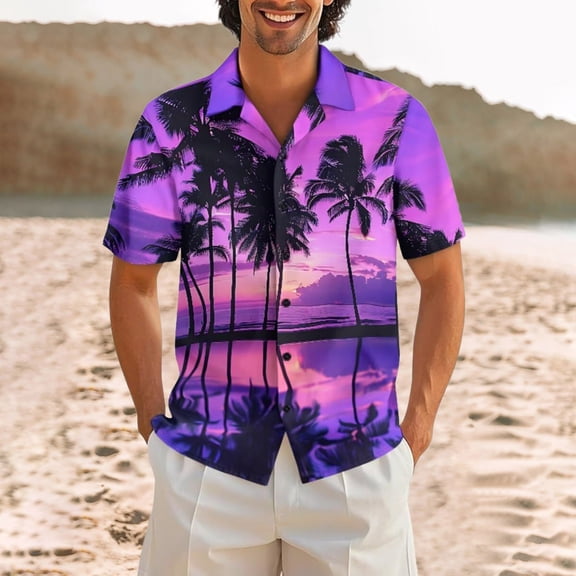 Hawaiian Shirt for Men Short Sleeve Casual Lapel Button Down Beach Shirt Purple L