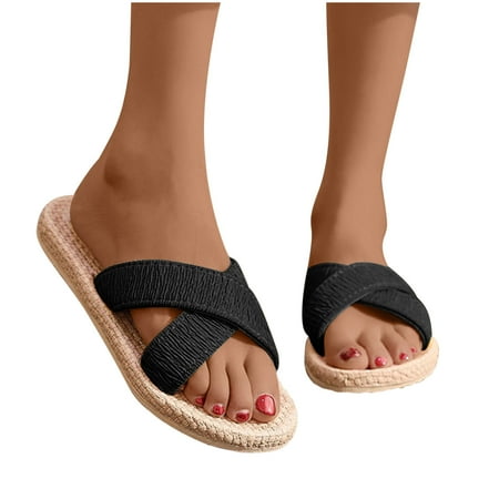 

EQWLJWE Sandals Women 2022 Summer Beach Sandals Imitation Hemp Rope Travel Flat-bottom Slippers Criss Cross Cloth Travel Flip-flops Deals Clearance