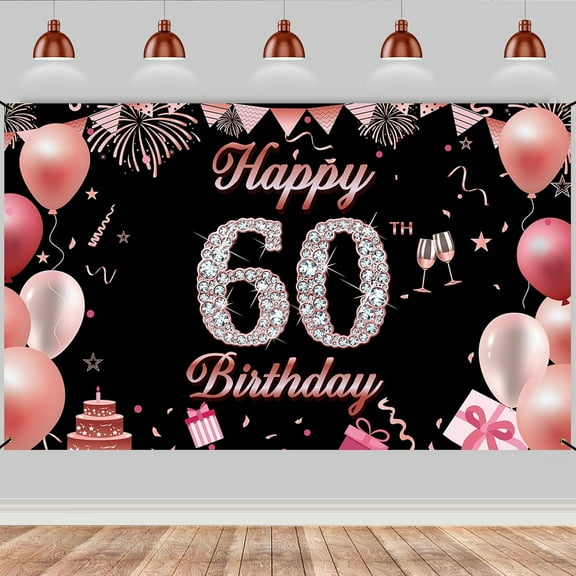 Happy 60th Birthday Banner Black and Rose Gold 60th Birthday Party Decorations for Women Cheers to 60 Years Old Birthday Balloons Background Backdrop Banners