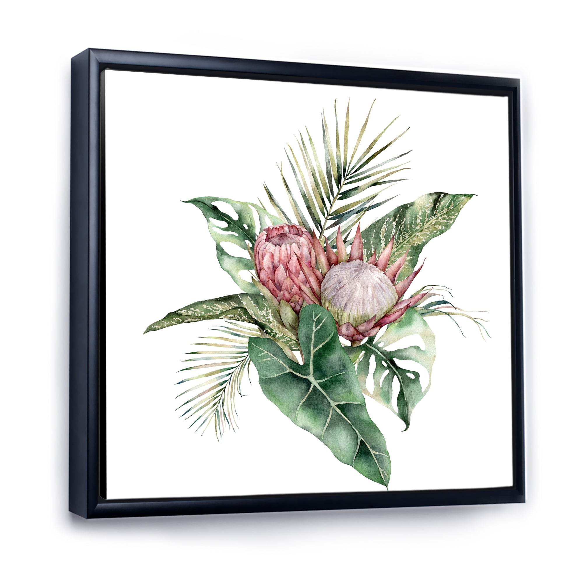 Designart 'Queen Proteas Palm & Monstera Leaves' Traditional Framed Canvas Wall Art Print