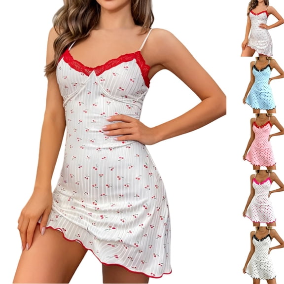 Helii Women Cherry Print Lace V Neck Nightgown Slim Fit Adjustable Spaghetti Strap Short Sleep Dress Breathable Ice Silk Pajamas Summer Homewear Cute Ruffle Hem Casual Nightgown Sleepwear for Women
