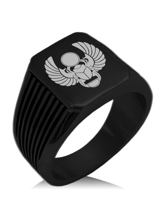 Stainless Steel Scarab Beetle Sacred Sun Needle Stripe Pattern Biker Style Polished Ring