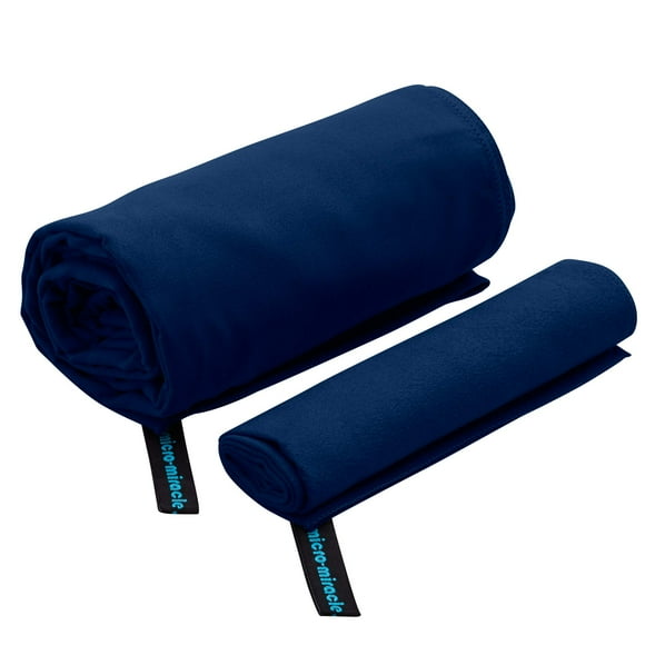 MICRO-MIRACLE TTG Serviette de Voyage - 2 Serviettes en Microfibre Séchage Rapide et Extra Douces, Légères et Compactes pour Gym, Pratique de Natation, Voyage, Randonnée, Camping, RV, Plage, Camping (Bleu Marine)