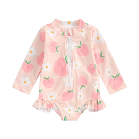 Agkizg Little Girls One-Piece Rashes Guard Swimsuit All Over Print Long Sleeve Zip Up Swimwear for Toddlers Kids